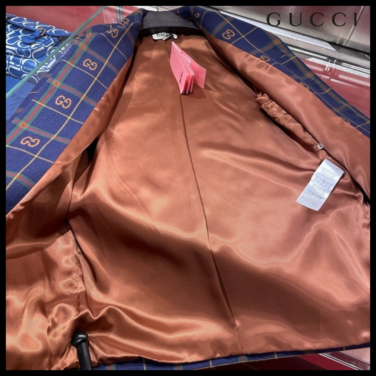 【GUCCI】GG Check Pattern Wool Single Jacket Blue