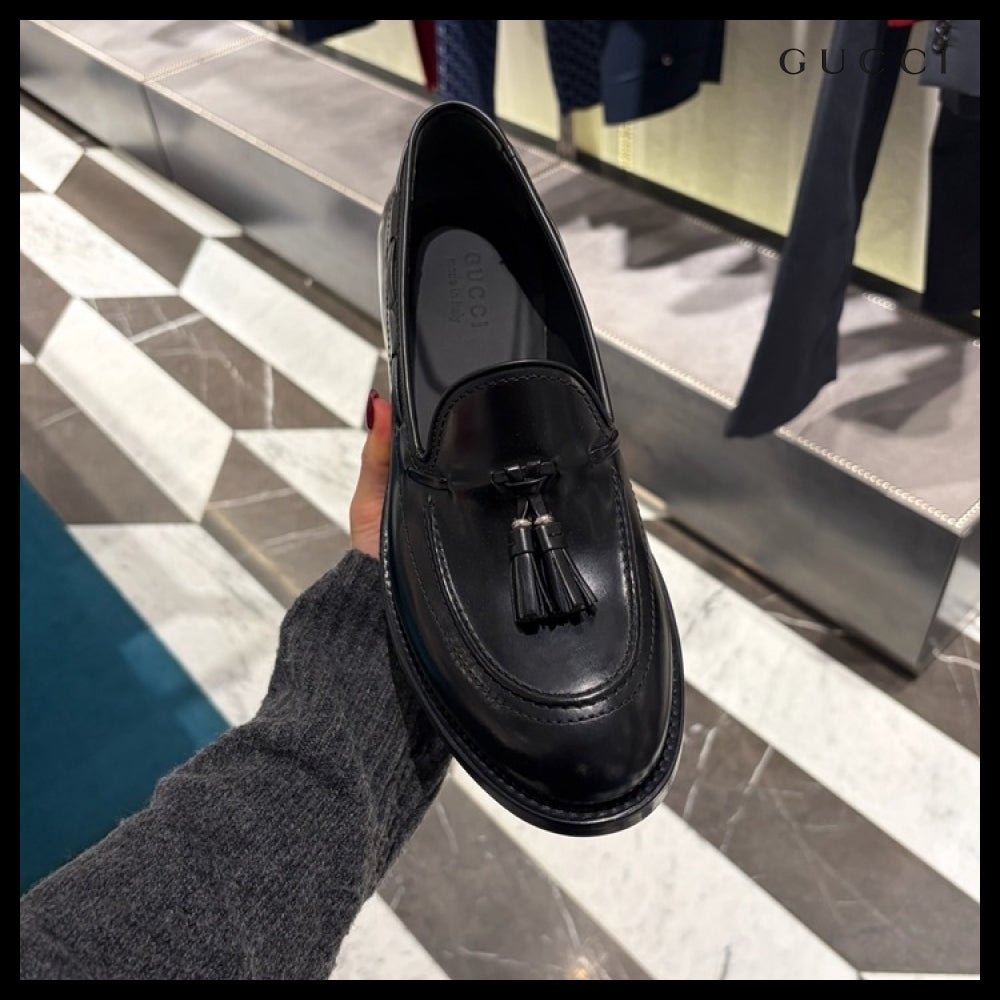 【GUCCI】Tassel Smooth Leather Nubuck Men’s Loafers Black
