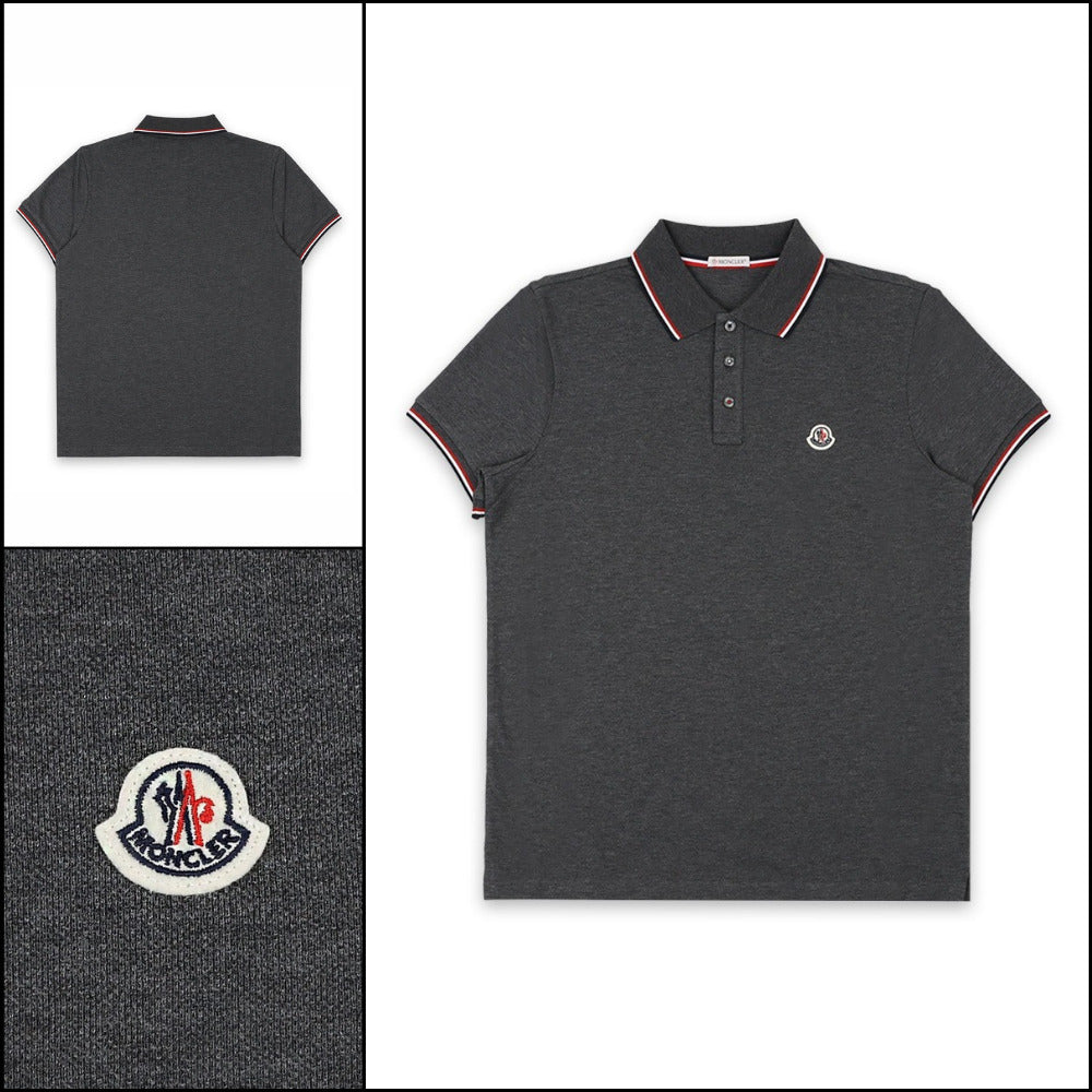 【MONCLER】Stripe Collar Logo Patch Polo Shirt Dark Grey
