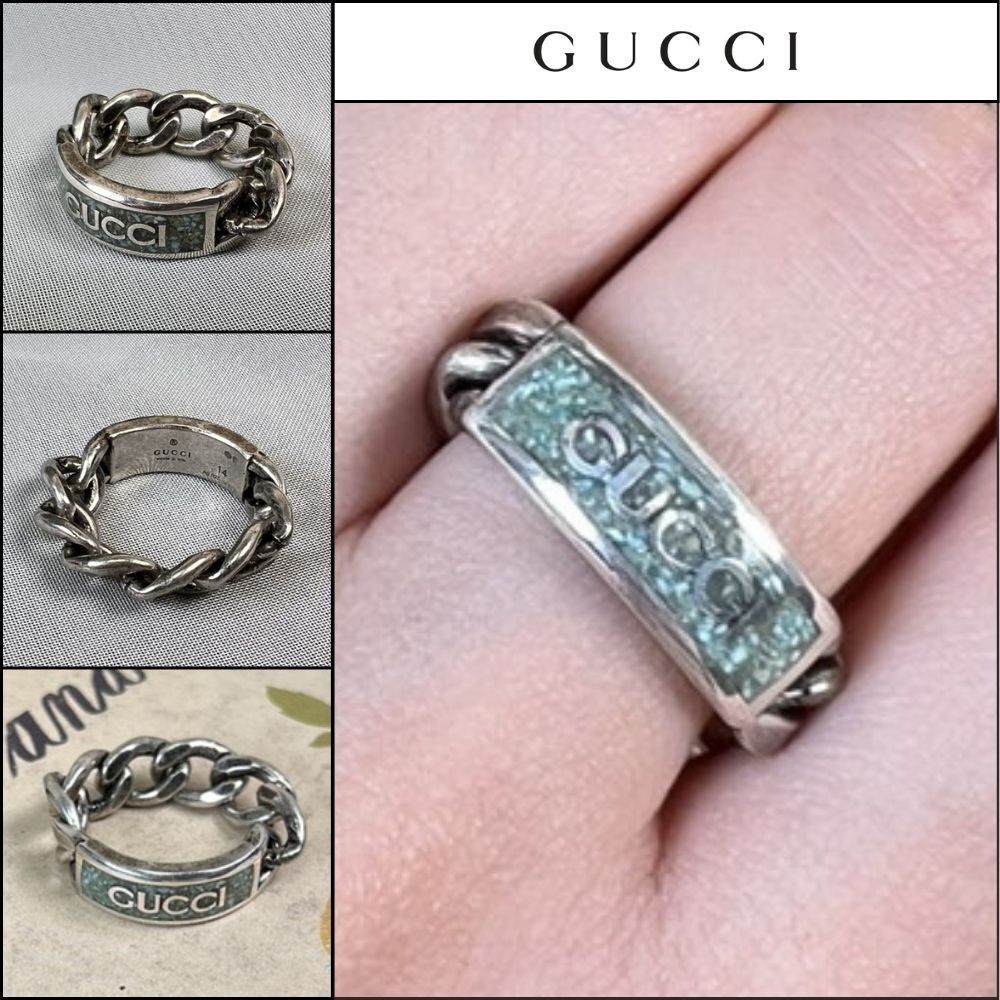 【GUCCI】Logo Enamel Sterling Silver Chain Ring Howlite