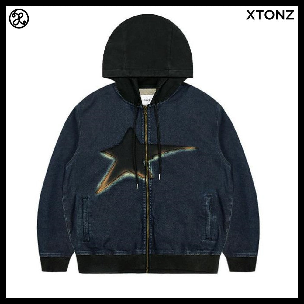【XTONZ】VINTAGE WASHING STAR DENIM HOODED ZIP-UP 2COLORS