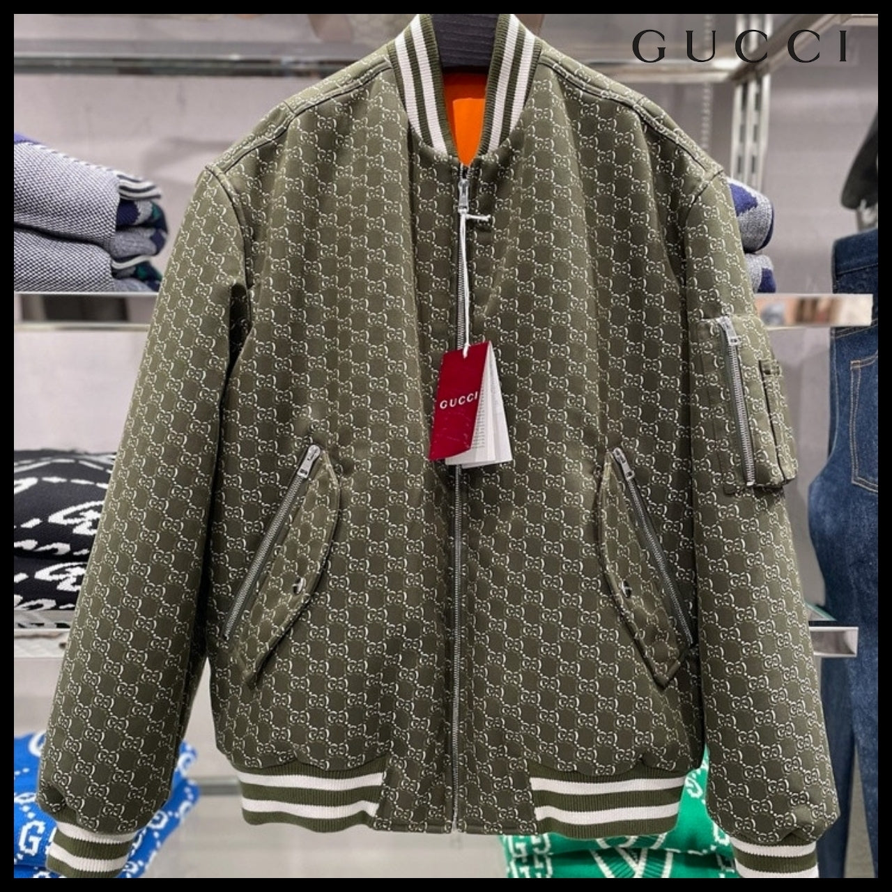 【GUCCI】GG Shadow Jacquard Cotton Bomber Jacket Green White