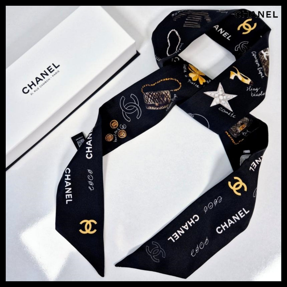 【CHANEL】24P CC Logo Signature Printed Silk Twilly Bandeau