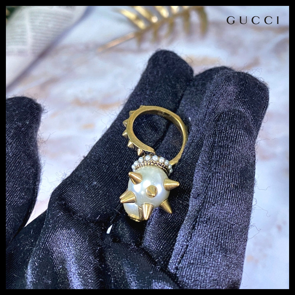 【GUCCI】Double Glass Pearl Stud Ring White Gold