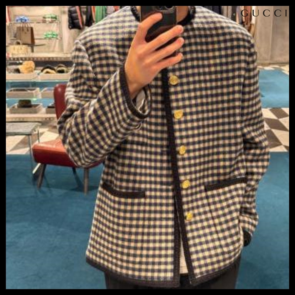 【GUCCI】Interlocking G Patch Gingham Check Wool Jacket