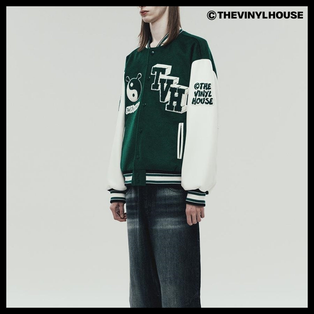 【THEVINYLHOUSE】Yin Yang Varsity Jacket Green