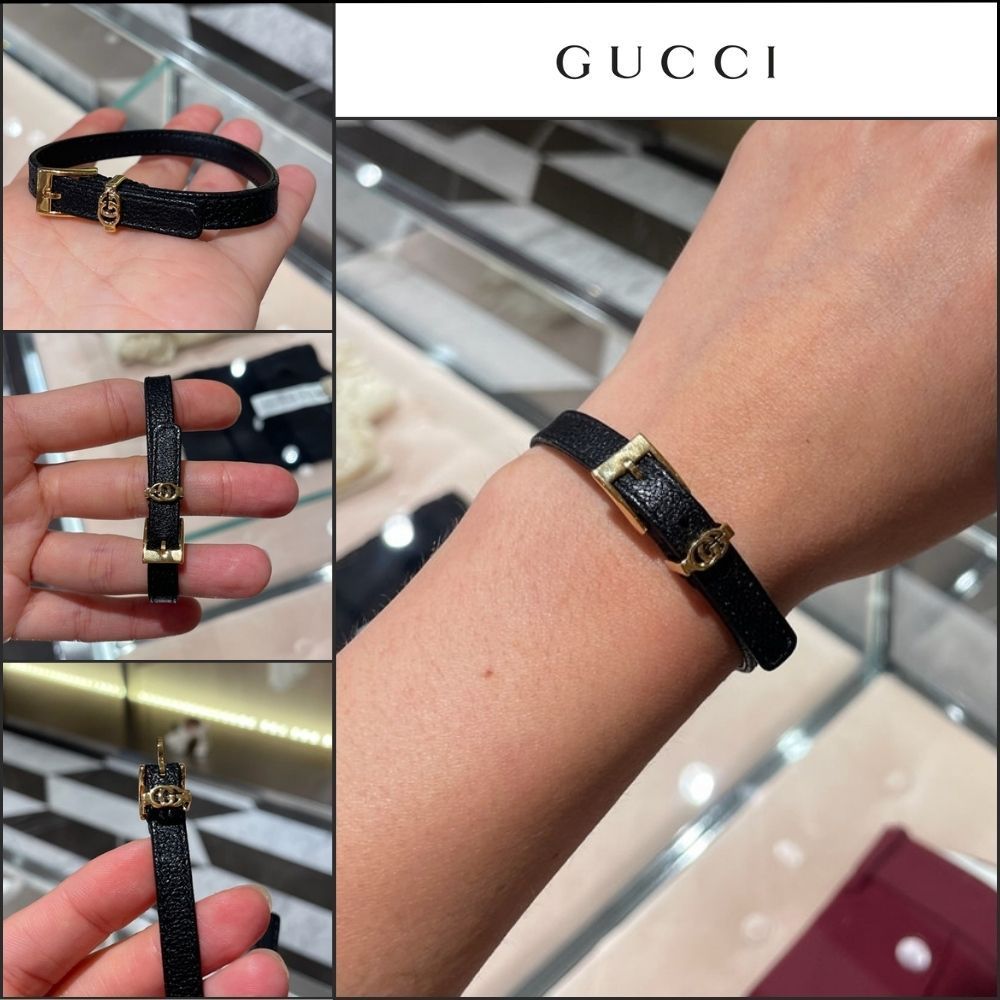 【GUCCI】 ダブル G レザー バックル ブレスレット BLACK GOLD