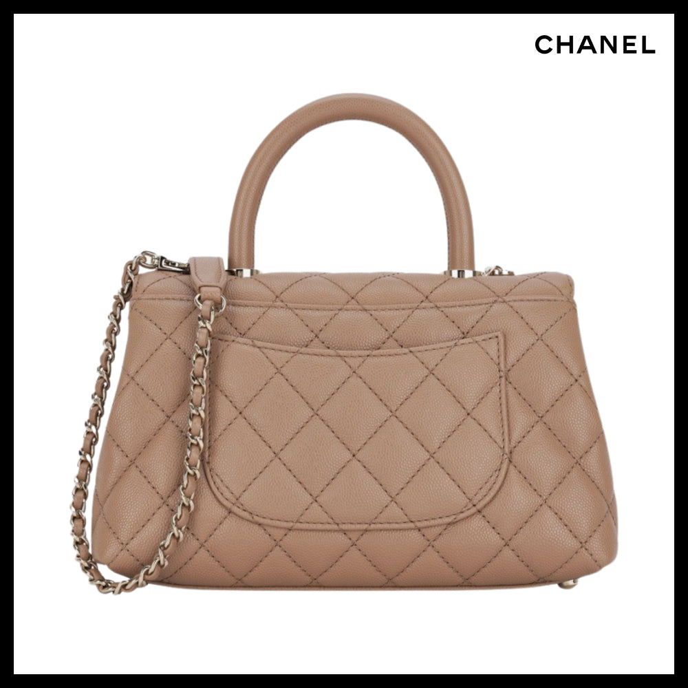 【CHANEL】Top Handle Flap Bag Grained Calfskin & Gold Beige