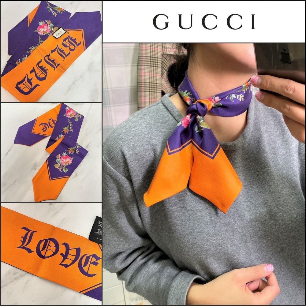 【GUCCI】 ブラインディッド ローズ ツイリー スカーフ パープル