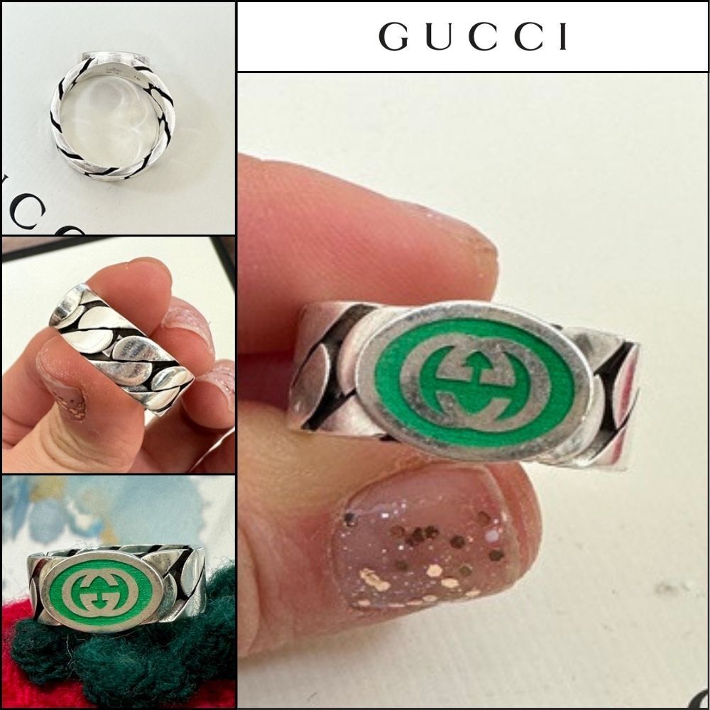 【GUCCI】Interlocking Enamel Chain Ring Green