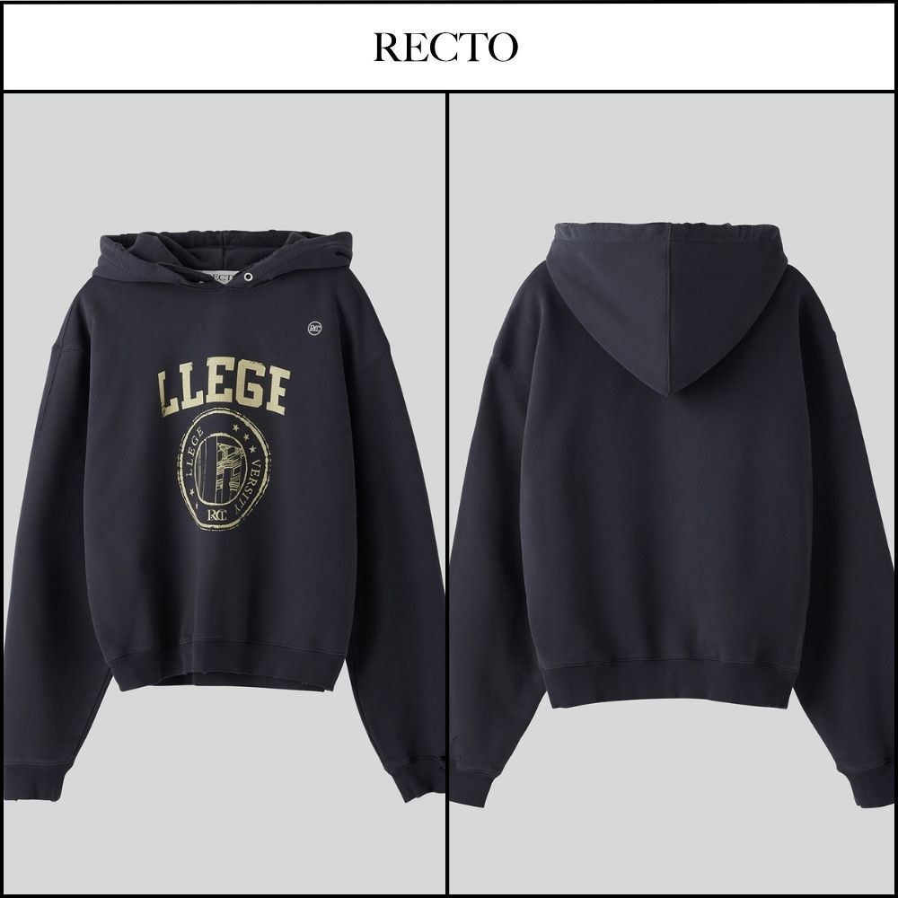 【RECTO】LLEGE LOGO DESTROYED HOODIE SWEATSHIRT BLUISH