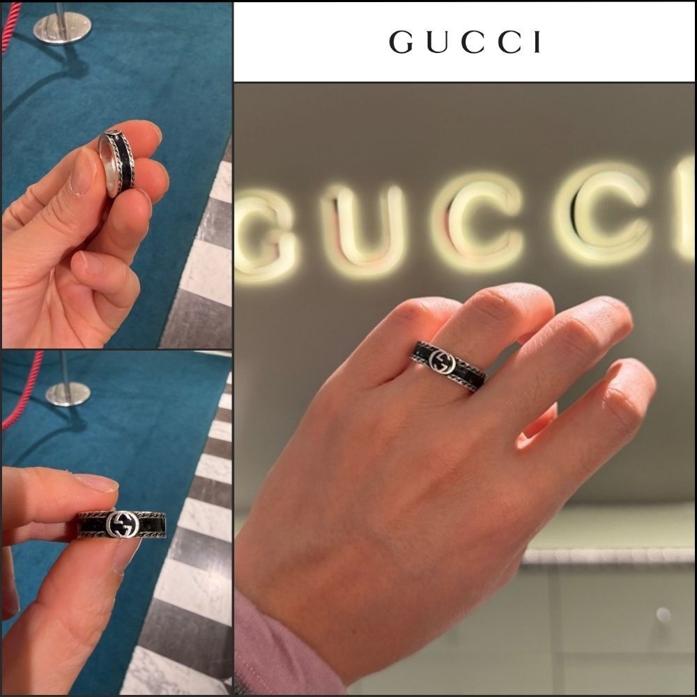 【GUCCI】Interlocking G Logo Enamel Metal Ring Black