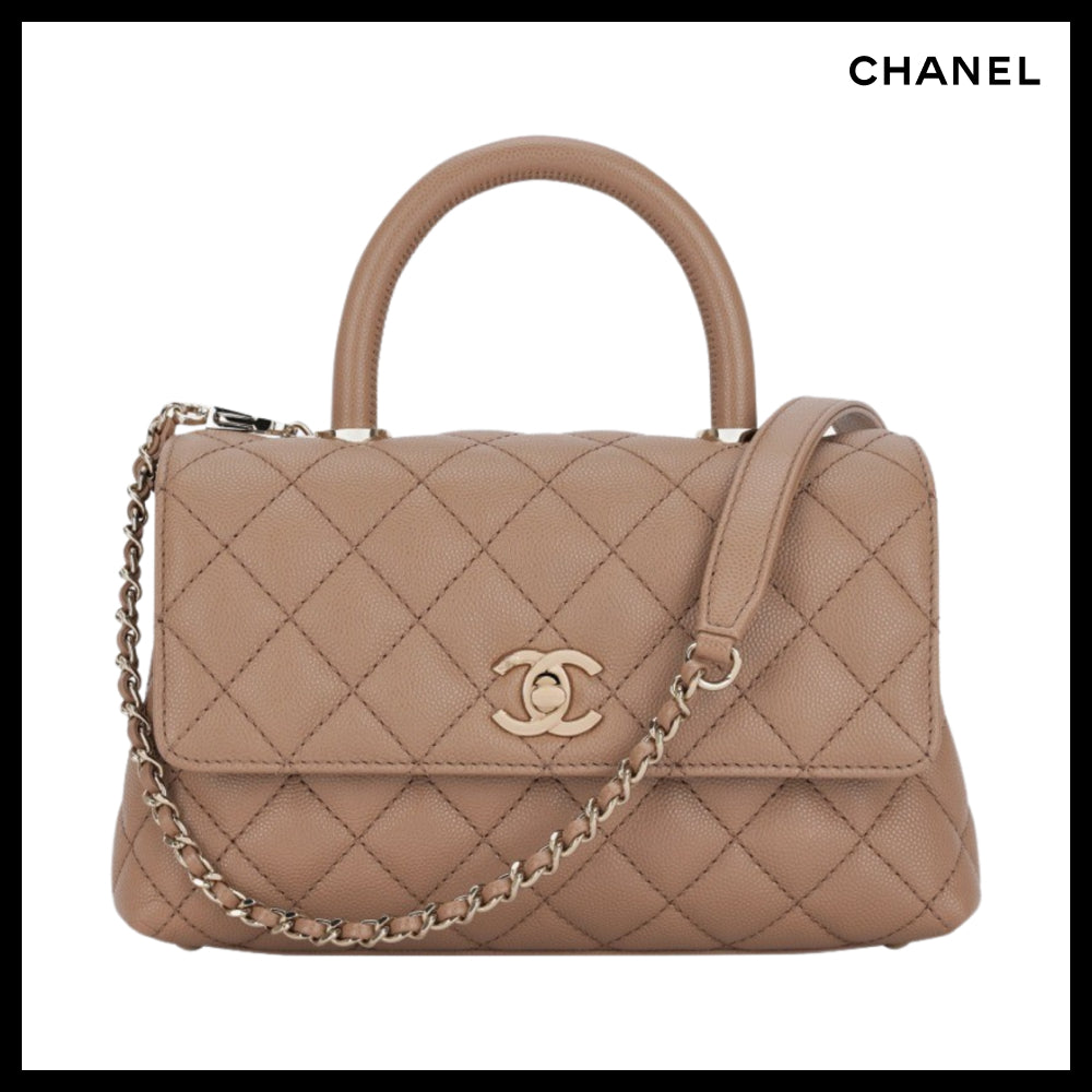 【CHANEL】Top Handle Flap Bag Grained Calfskin & Gold Beige
