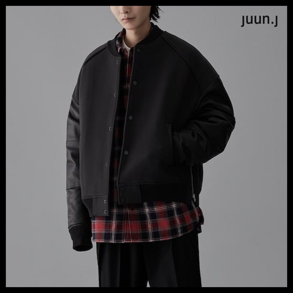 【JUUN.J】Leather Sleeve Varsity Jumper Gray
