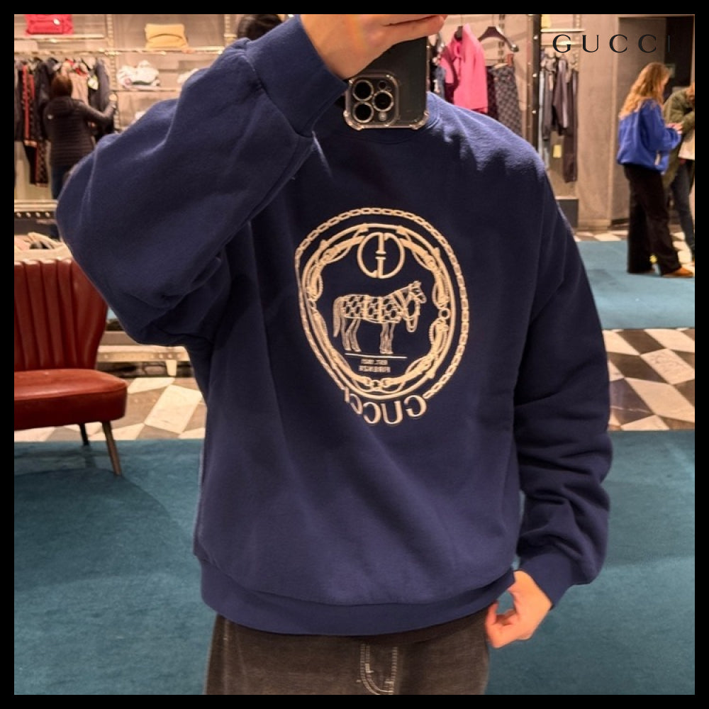 【GUCCI】Horse Embroidered Cotton Crewneck Sweatshirt Inchio