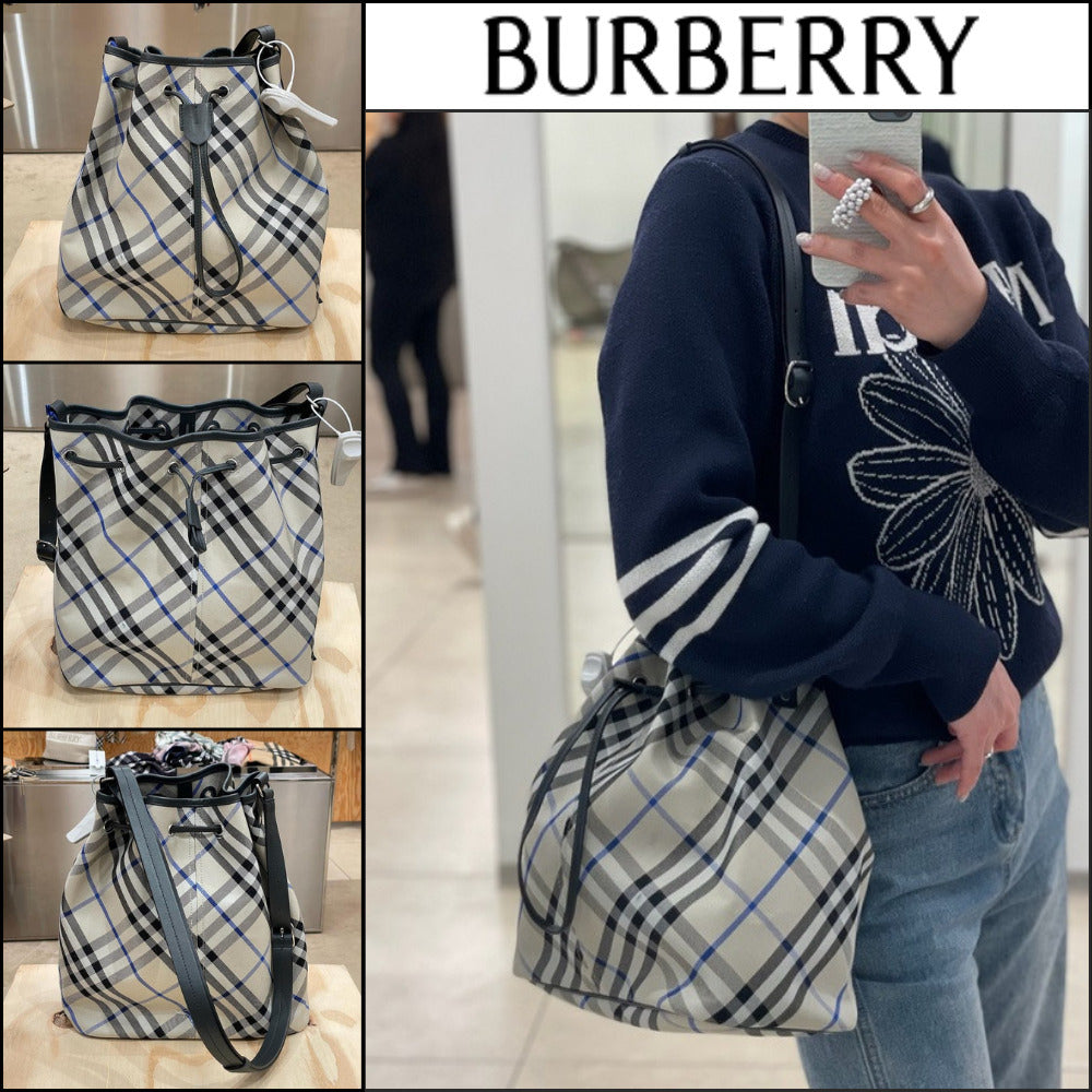 【Burberry】Check Jacquard Drawstring Medium Bucket Bag