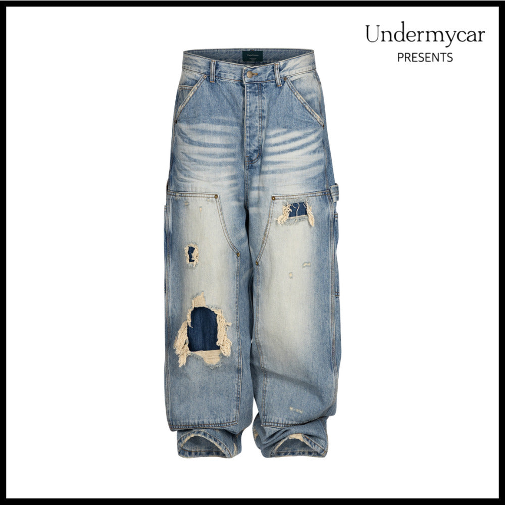 【Undermycar】Vintage Distressed Denim Carpenter Blue Denim