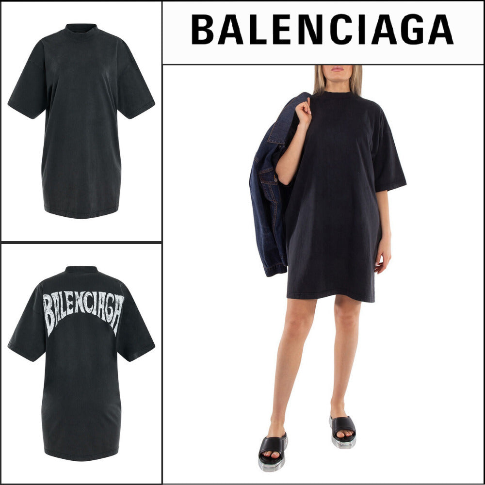 【BALENCIAGA】Ladies Logo-Print Cotton T-Shirt Dress Black