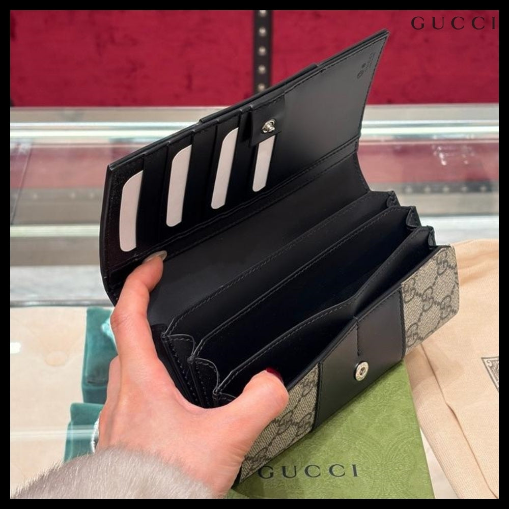 【GUCCI】Supreme Canvas Leather Flap Long Wallet BEIGE BLACK
