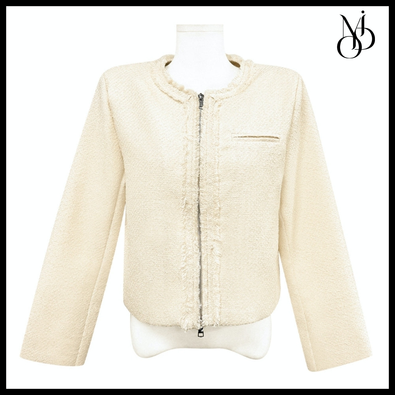 【MODIMOOD】Rudy Round Neck Zip-Up Fringe Tweed Jacket