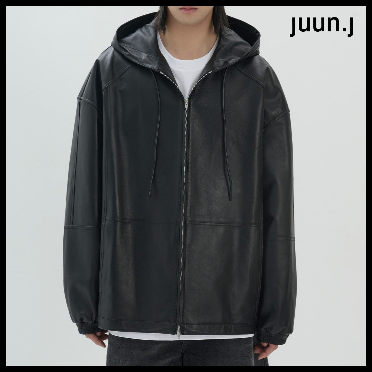 【JUUN.J】Leather Hood Zip-Up Jumper Black