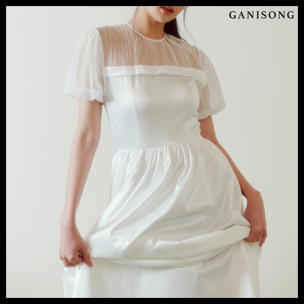 【GANISONG】Bridal Sheer Ribbon Line Dress White