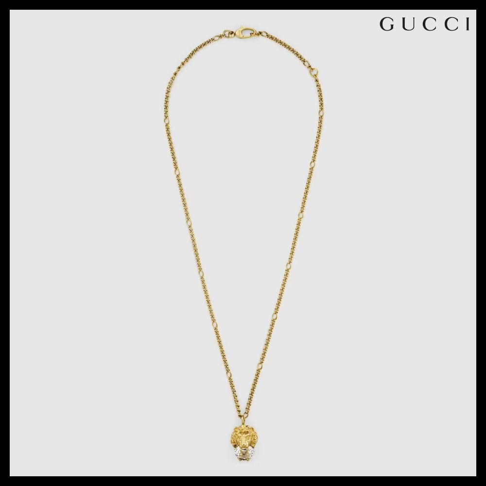 【GUCCI】 Lion Head Crystal Chain Necklace GOLD