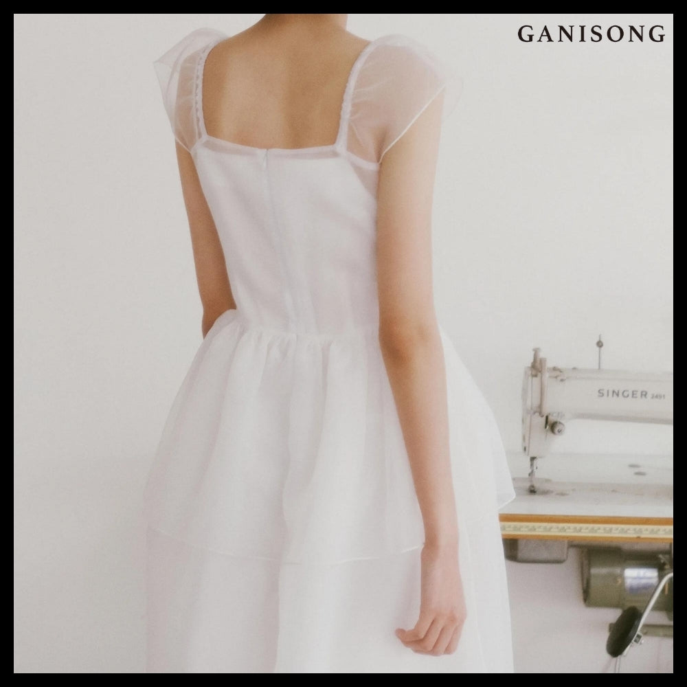 【GANISONG】Bridal Peony Tiered Dress White