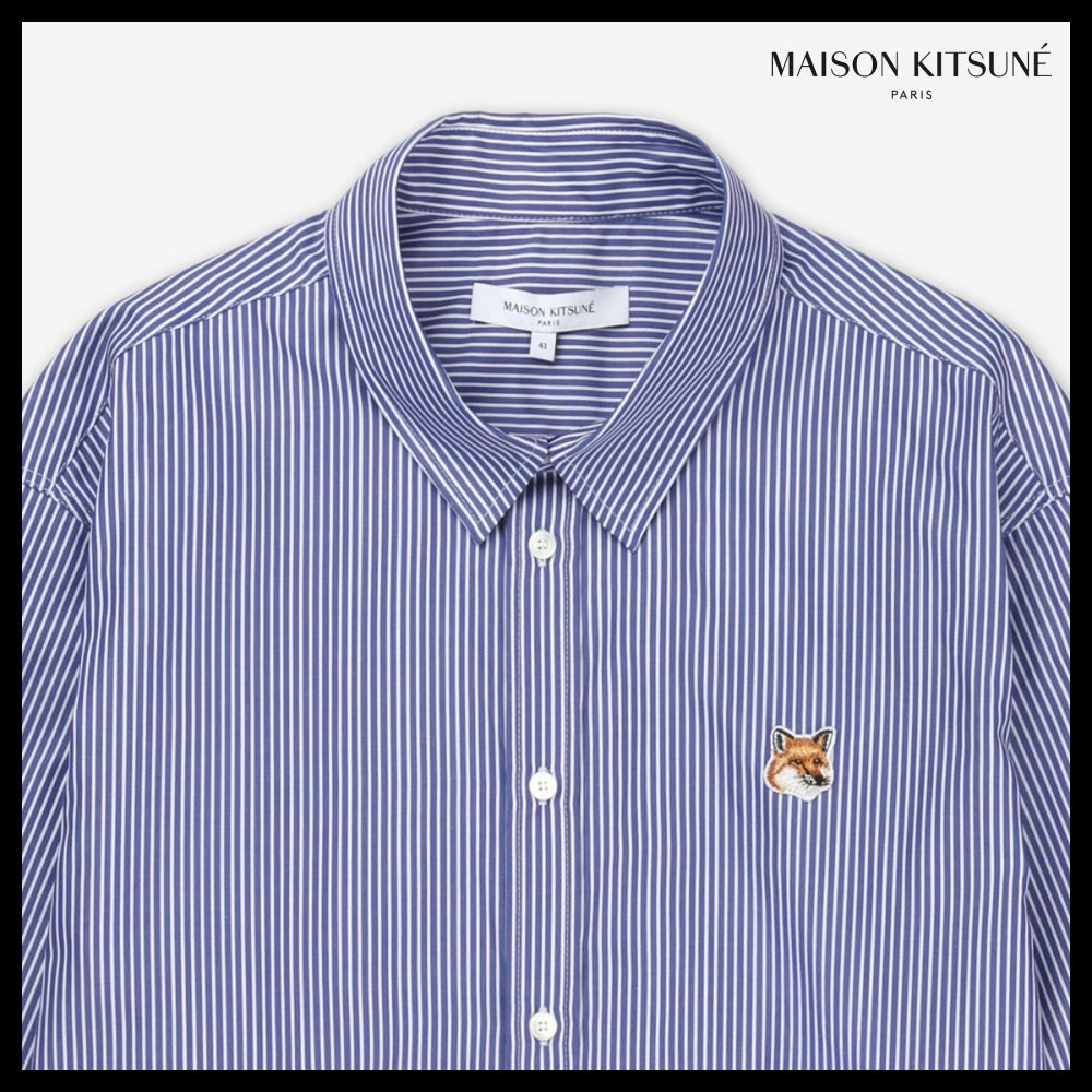 【MAISON KITSUNE】Fox Head Patch Classic Stripe Shirt Navy