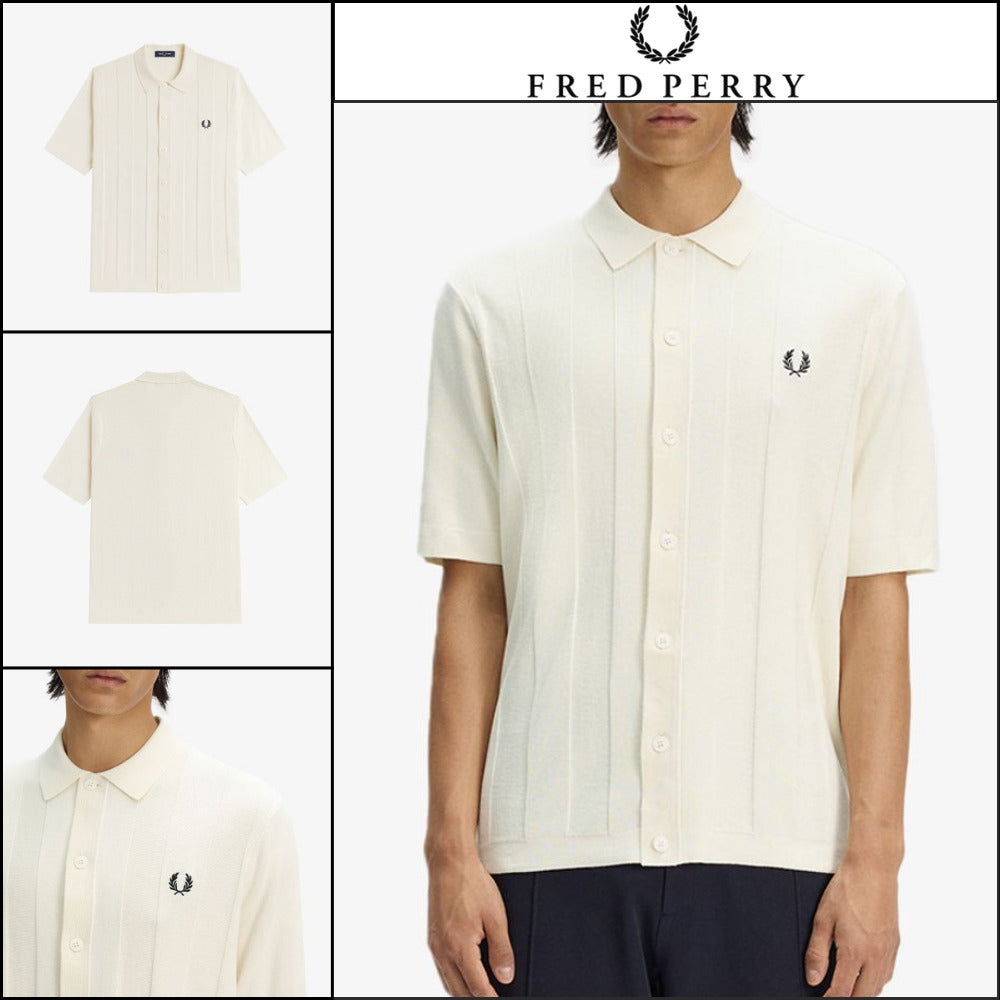 【FRED PERRY】Tonal Vertical Stripe Knit Shirt Ecru