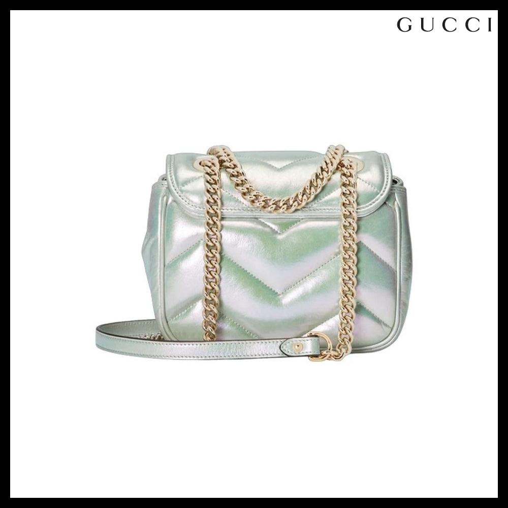 【GUCCI】GGMarmont2ChevronQuiltedNappaFlapBagIrideSalvyGreen