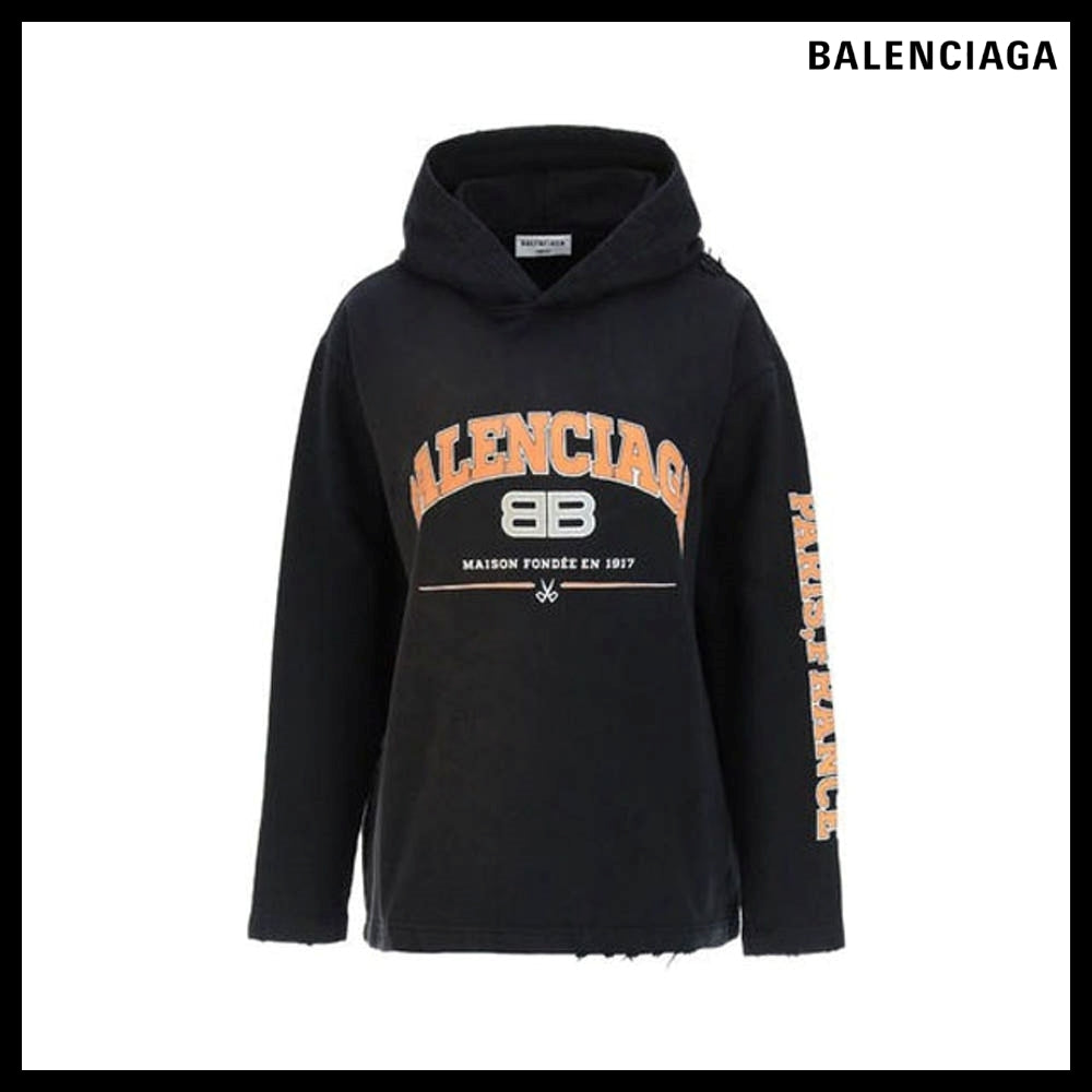 【BALENCIAGA】BB Logo Vintage Damaged Cropped Hoodie Black