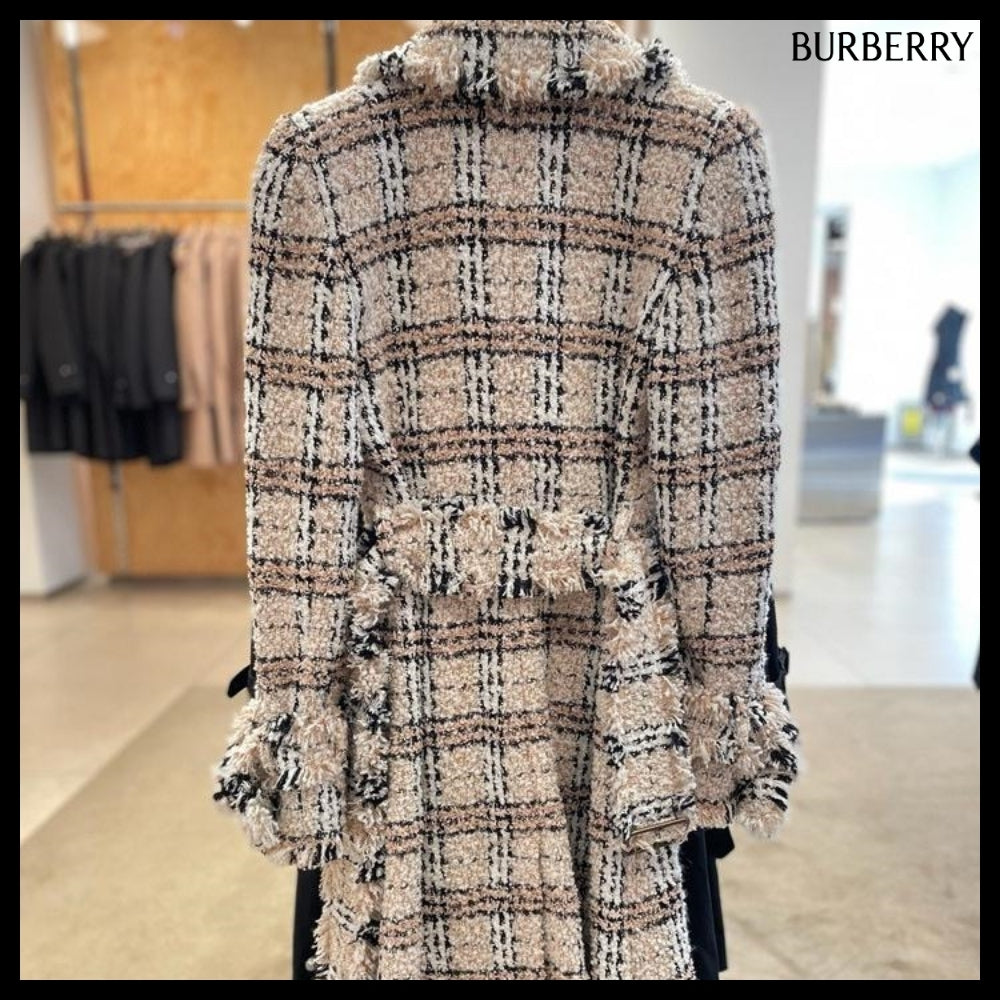 【Burberry】Check Boucle Belted Long Coat String Fossil