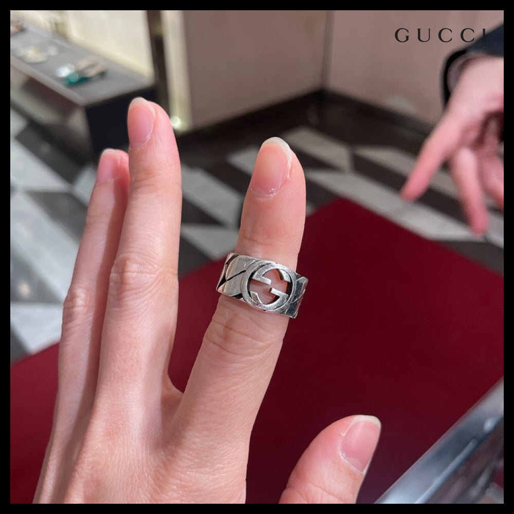【GUCCI】Interlocking G Chain Wide Ring Silver