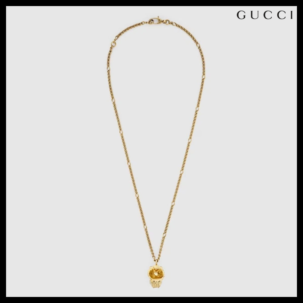 【GUCCI】 Lion Head Crystal Chain Necklace GOLD