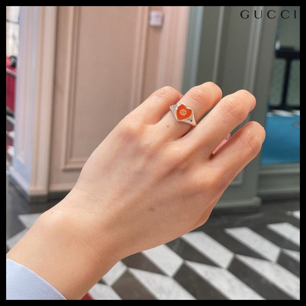 【GUCCI】Interlocking G Enamel Heart Ring Silver Red