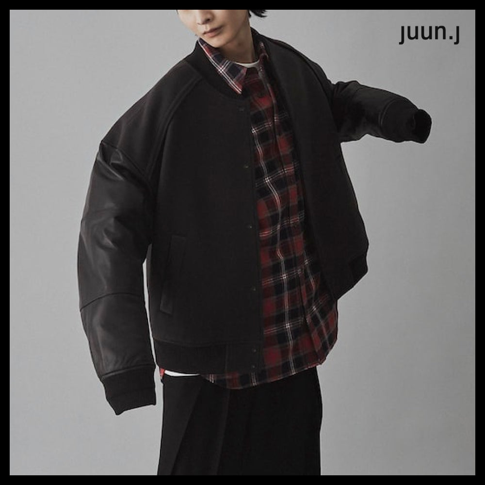 【JUUN.J】Leather Sleeve Varsity Jumper Gray