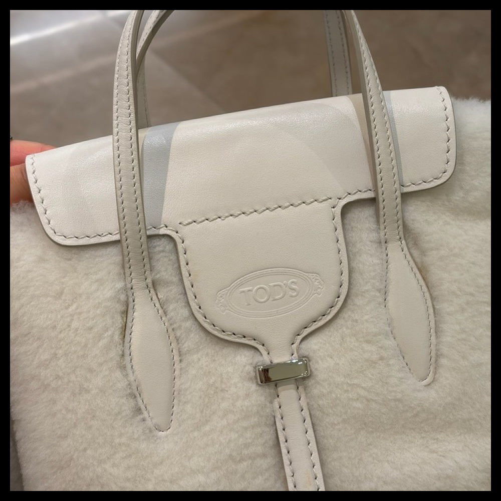 【Tod’s】ANX DUE Shearling Leather Shopping Tote Bag White