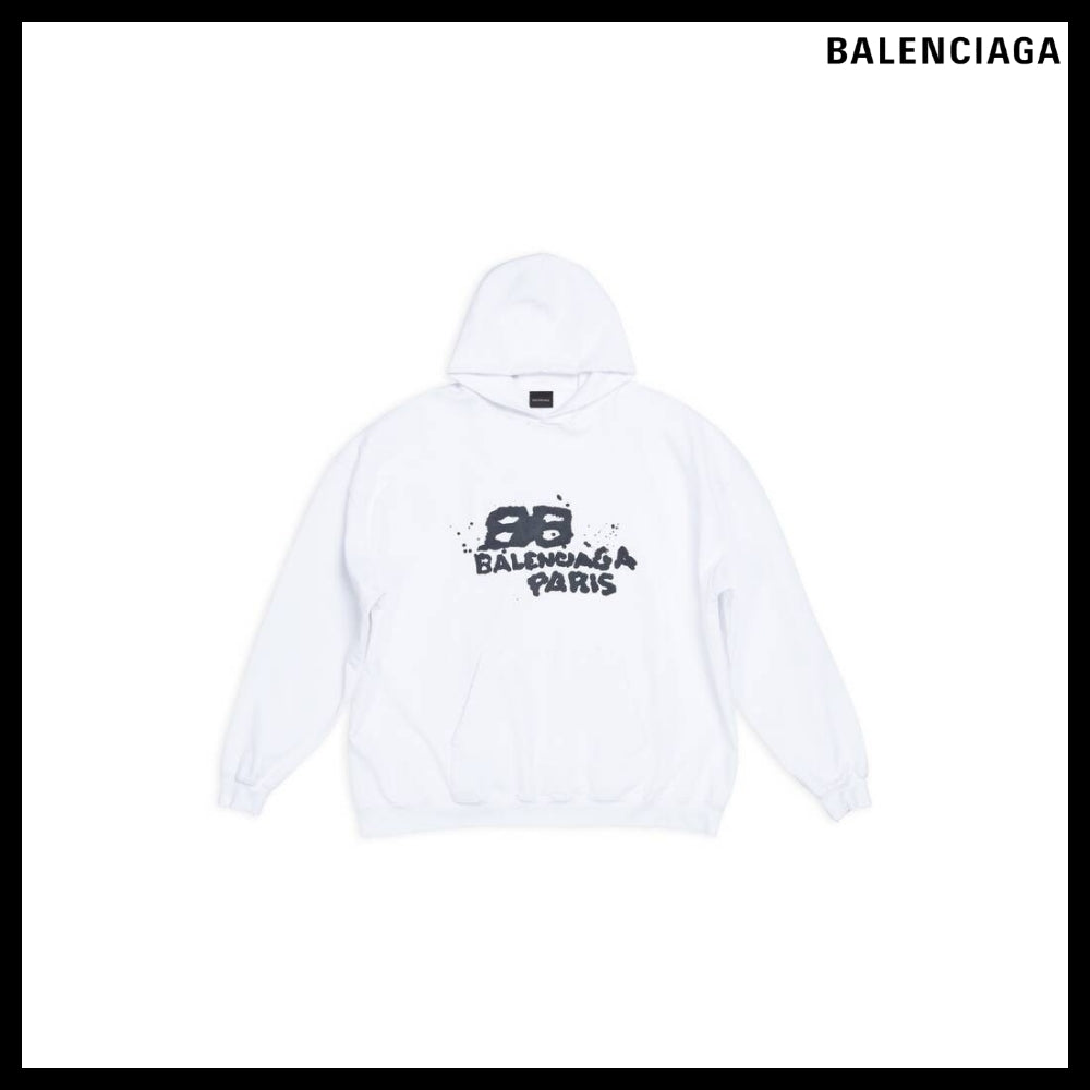 【BALENCIAGA】Hand-Drawn BB Icon Hoodie Large Fit White