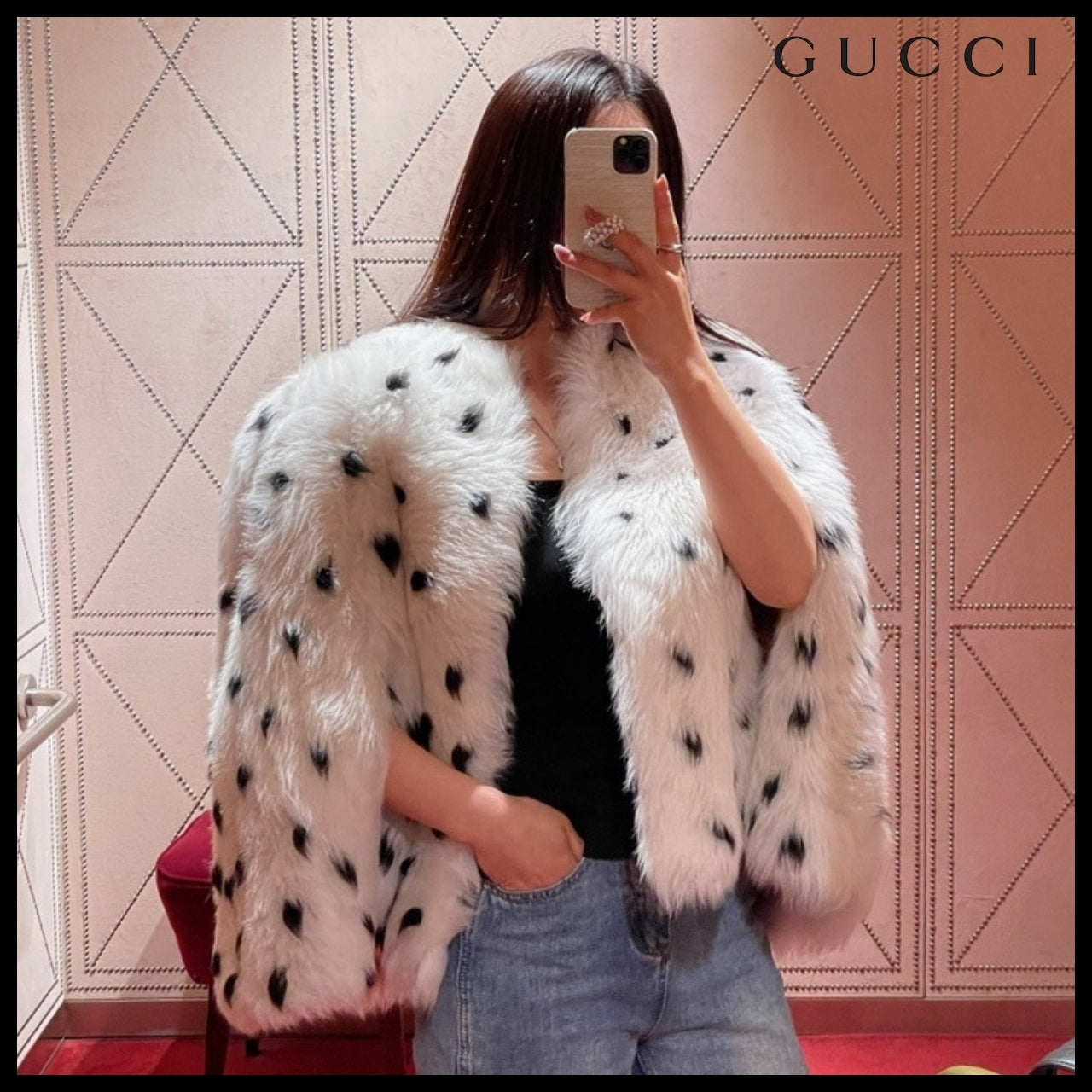【GUCCI】Dot Lamb Shearling Fur Cape Jacket Cream Black