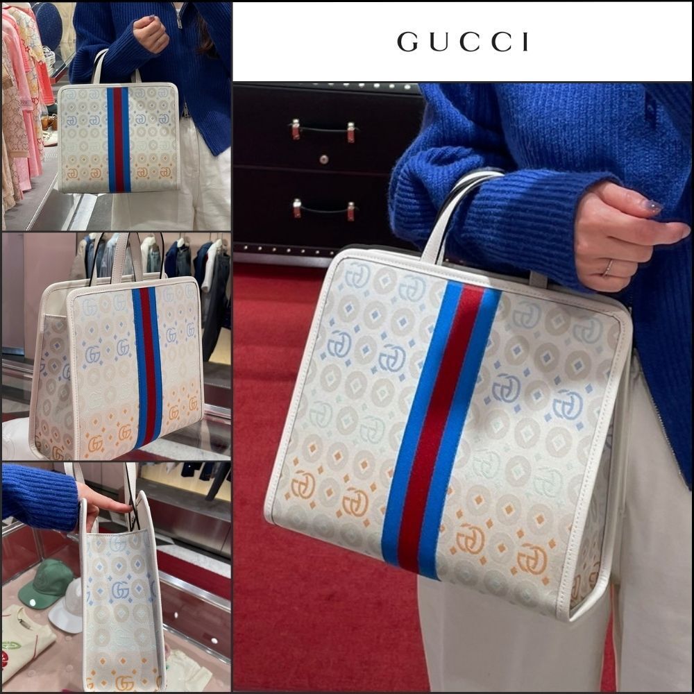 【GUCCI】GG Web Stripe Canvas Tote Bag Multi