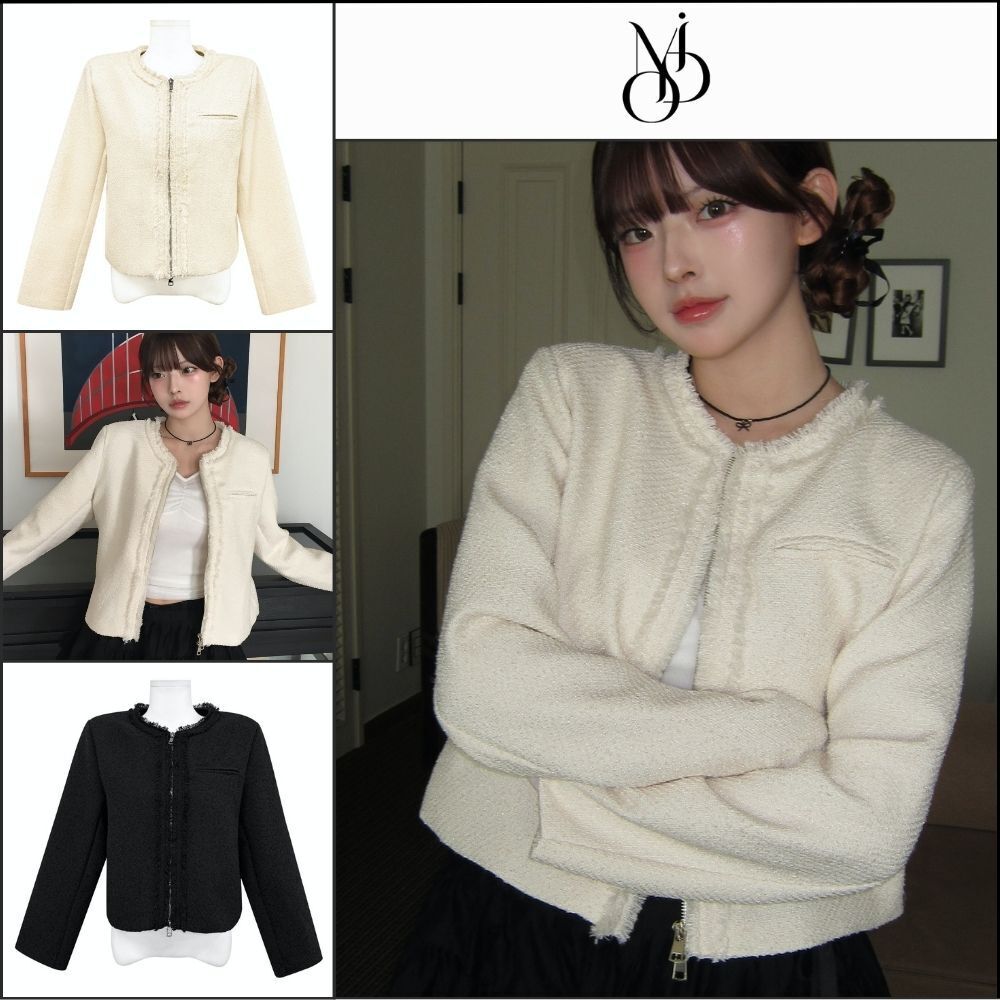 【MODIMOOD】Rudy Round Neck Zip-Up Fringe Tweed Jacket