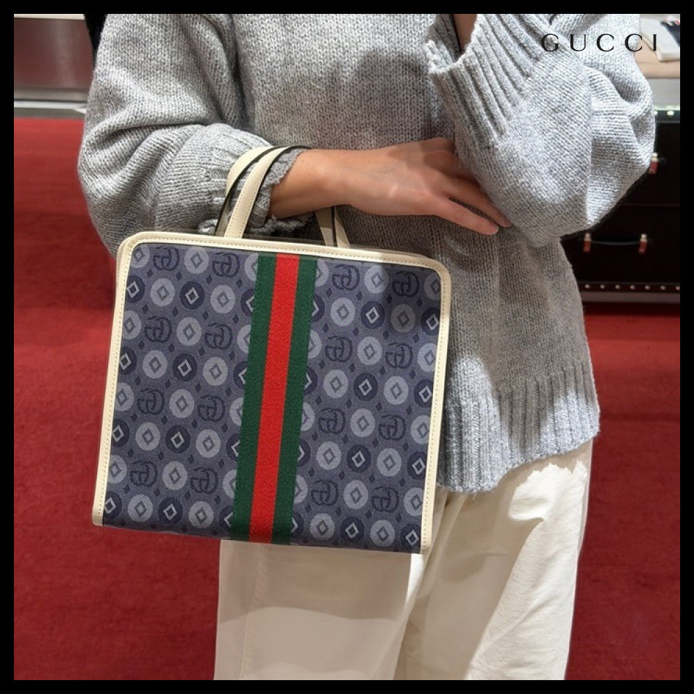 【GUCCI】GG Dot Jacquard Web Stripe Denim Tote Bag Blue