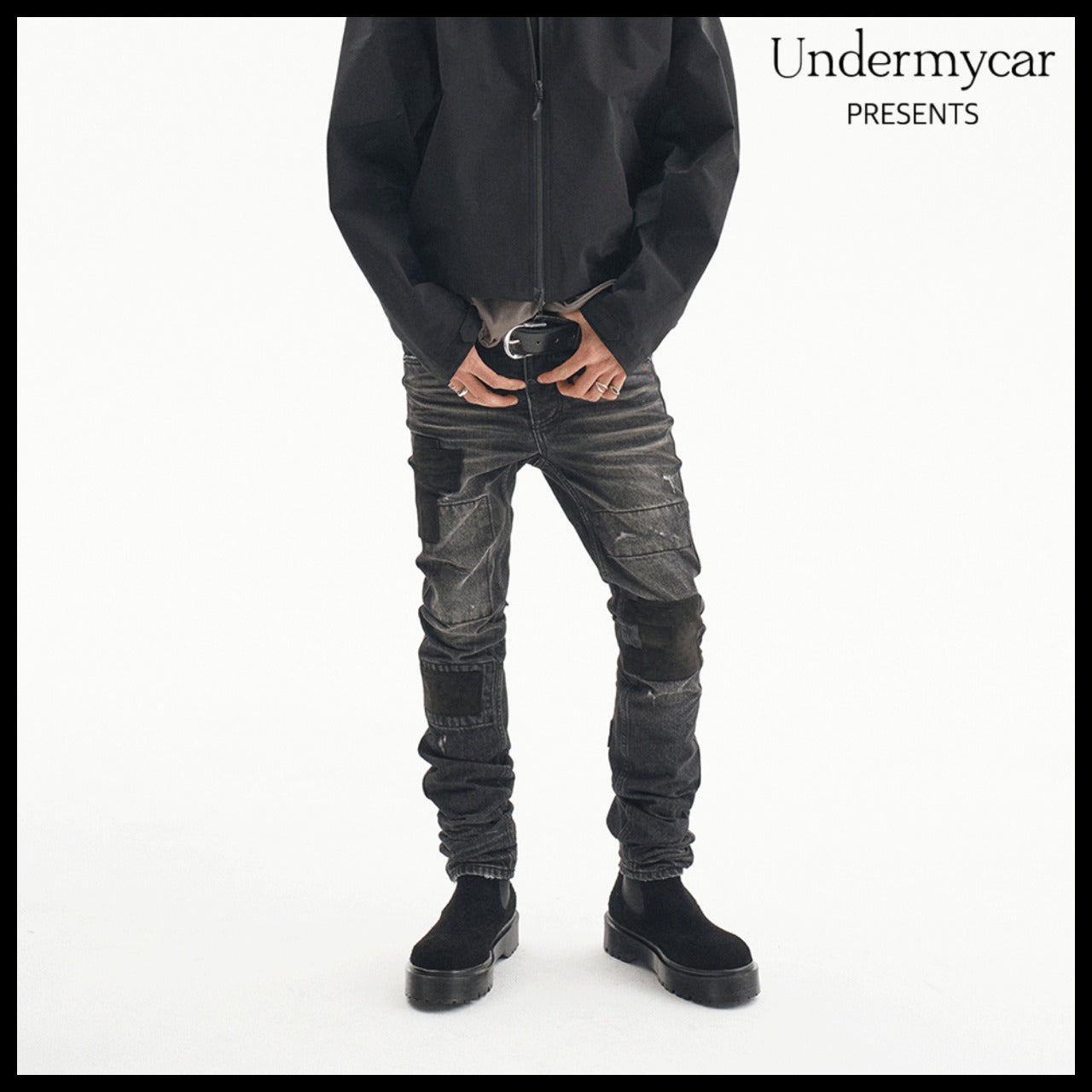【Undermycar】Notre Dame Patched Grunge Slim Jeans Washed