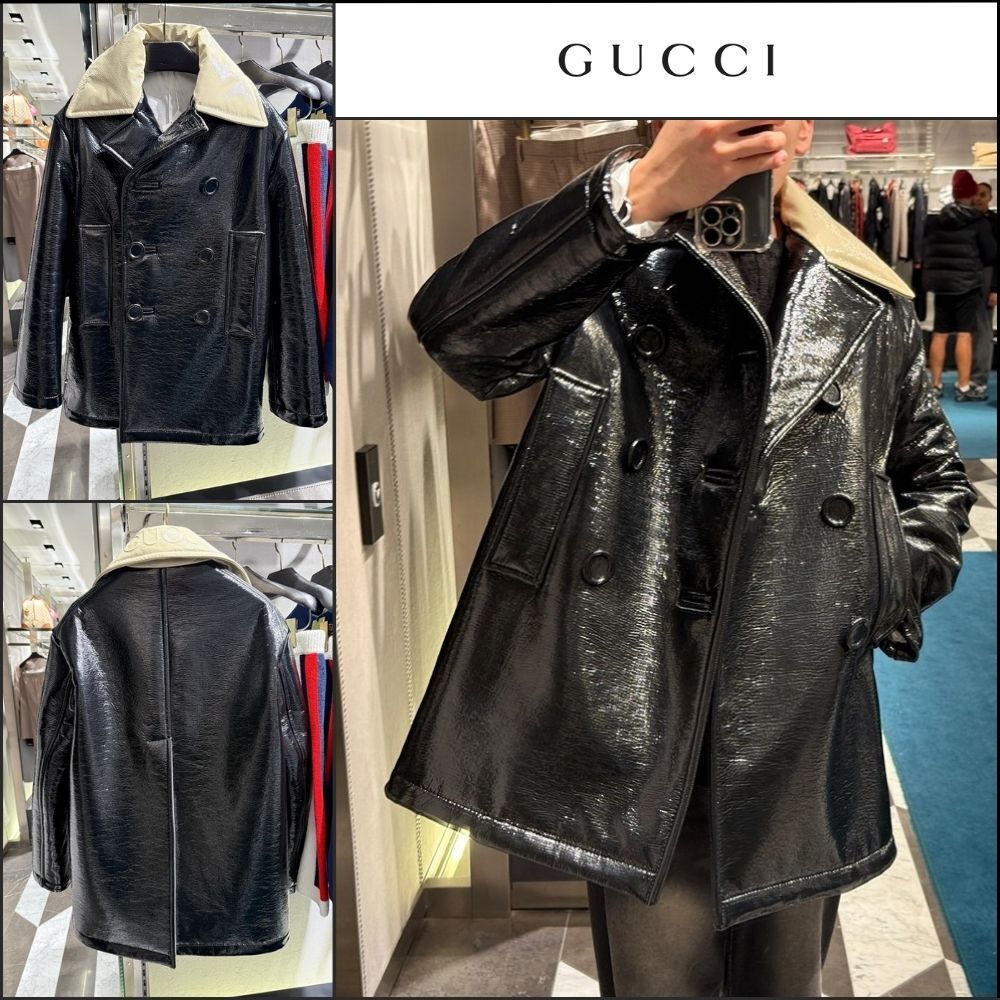 【GUCCI】Embossed Logo Wool Peacoat Black