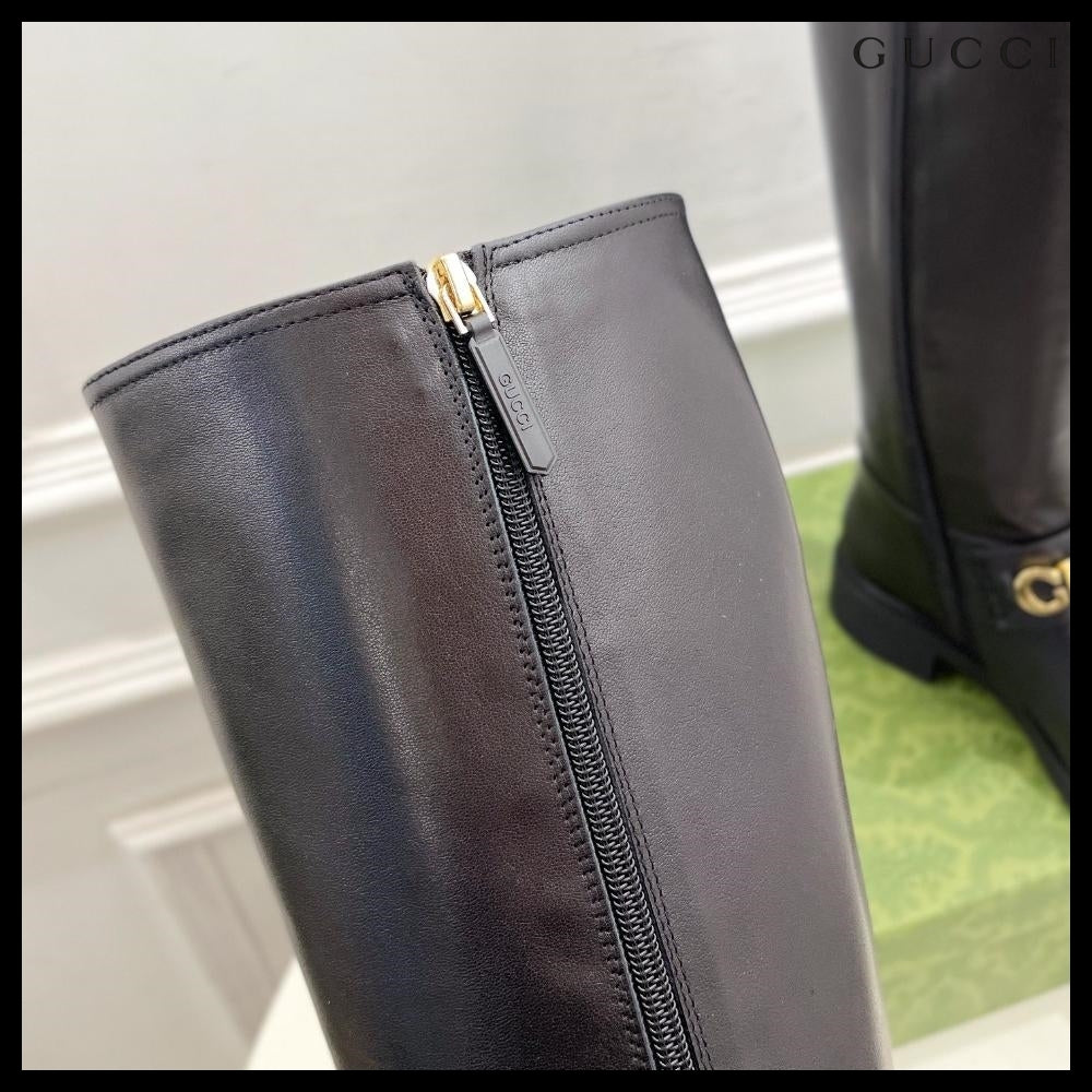 【GUCCI】Metal Logo Leather Zip Women's Long Boots Black