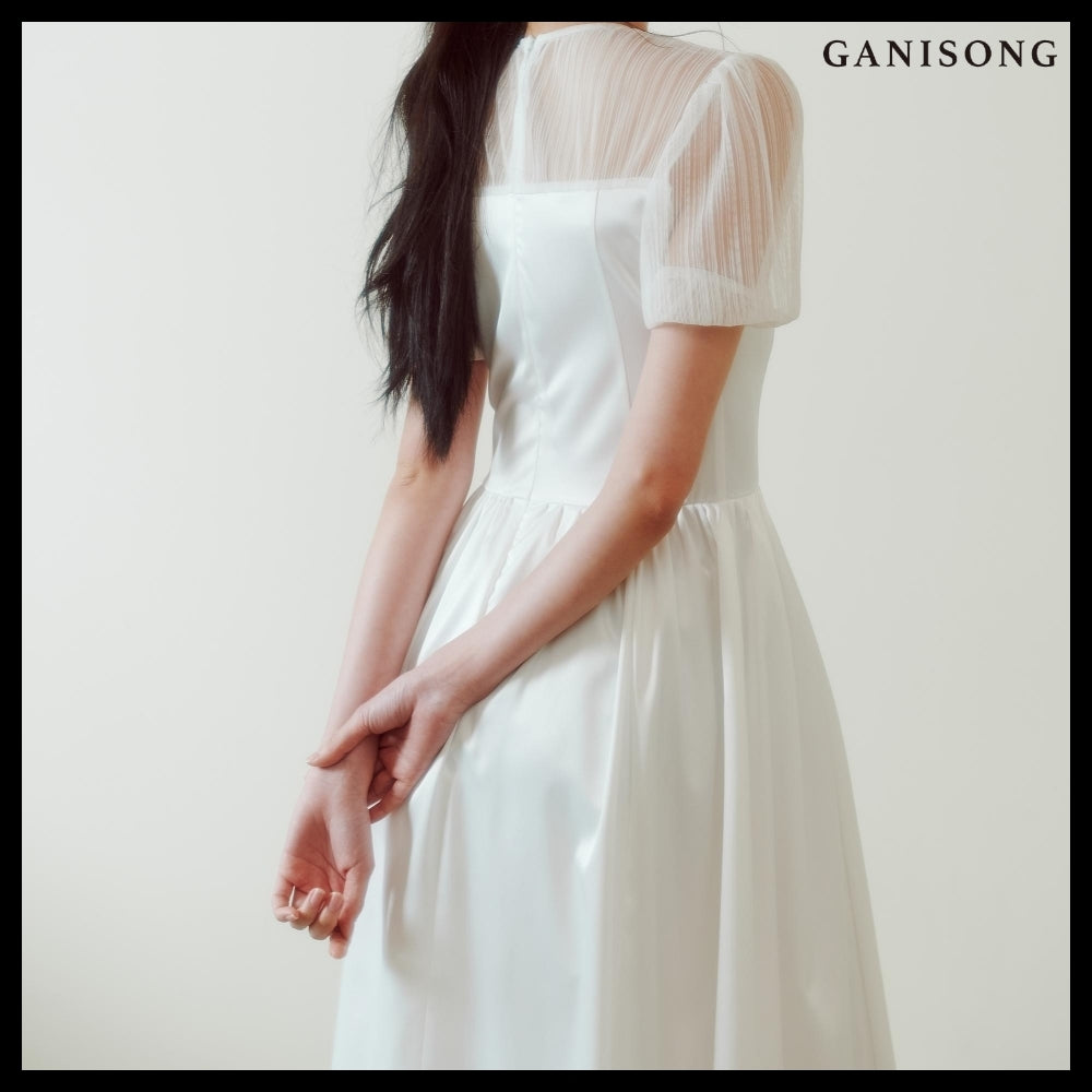 【GANISONG】Bridal Sheer Ribbon Line Dress White