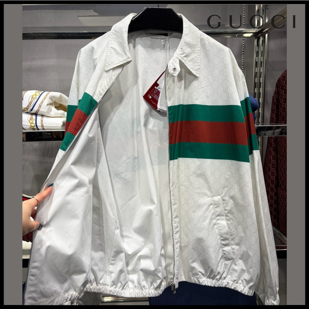 【GUCCI】1921 GG Print Web Cotton Blouson Jacket White Green