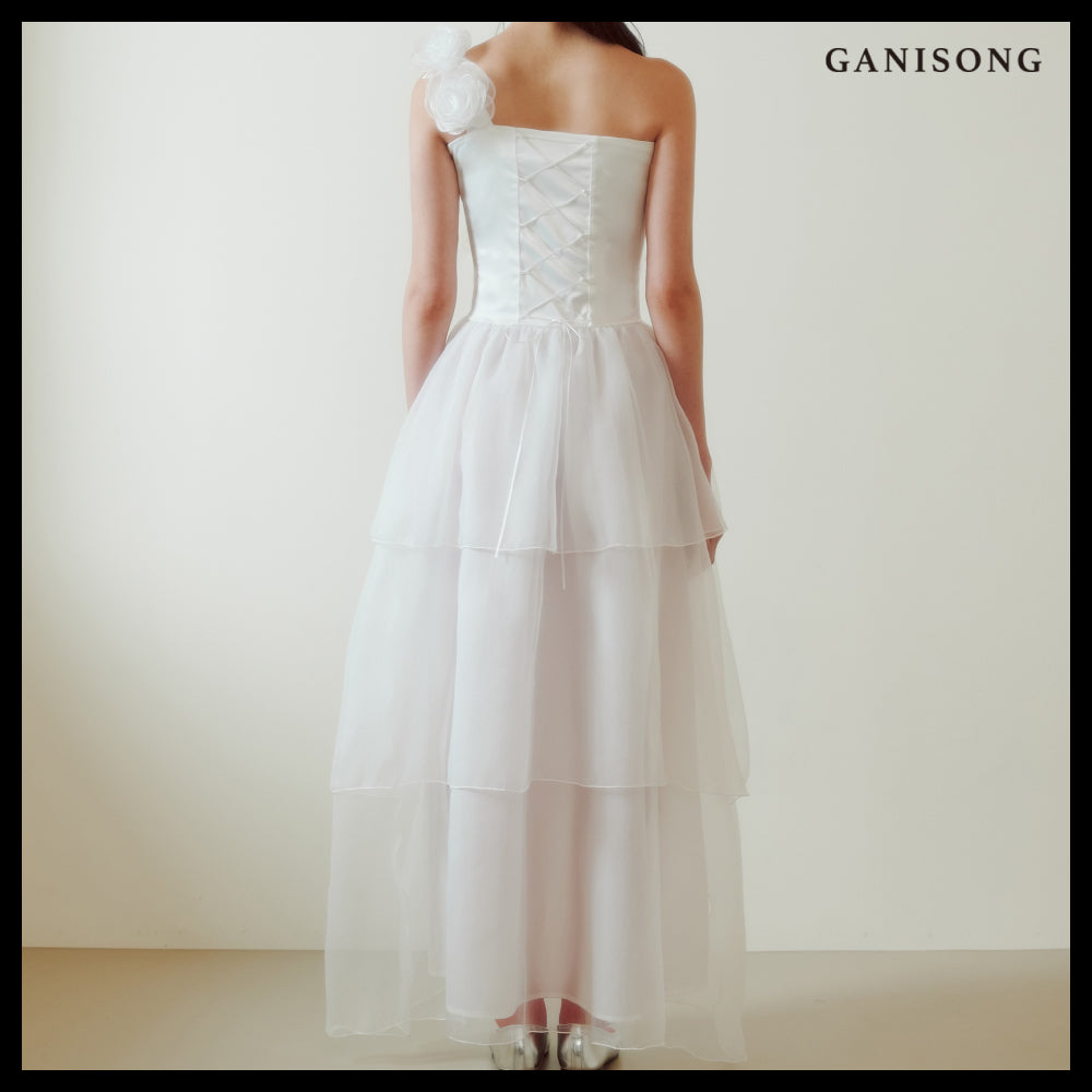 【GANISONG】Bridal Ribbon Tulle Dress White