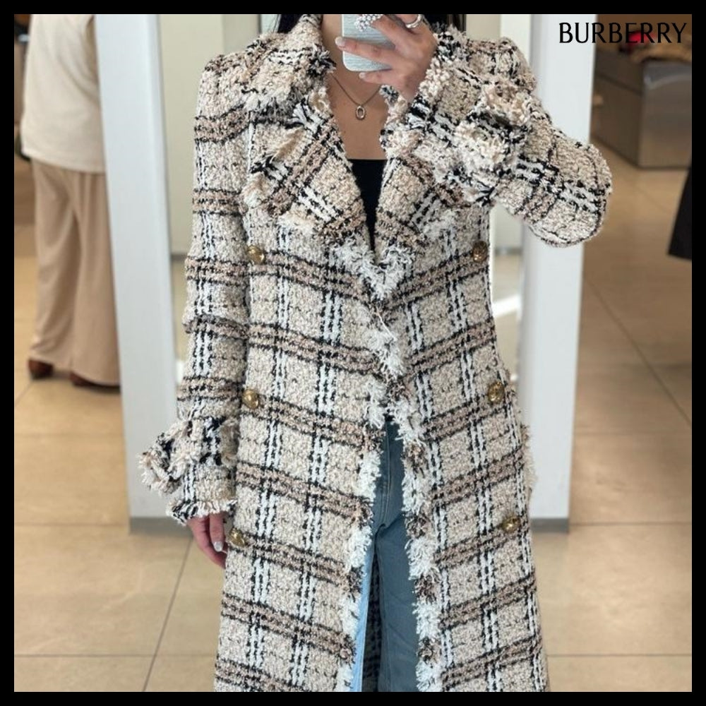 【Burberry】Check Boucle Belted Long Coat String Fossil